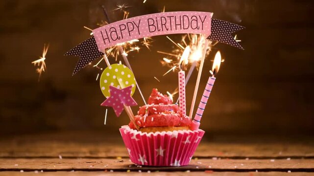 Pink birthday cupcake with sparkling candles and a happy birthday sign on a rustic wooden table, celebration video with sparklers burning out and leaving smoke trails in 4K video slow motion.