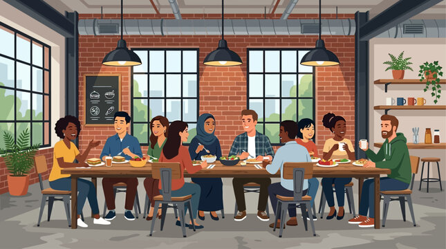 This flat design illustration shows a diverse startup team enjoying a relaxed lunch in a stylish industrial-themed office cafe. It highlights team bonding and a positive work culture