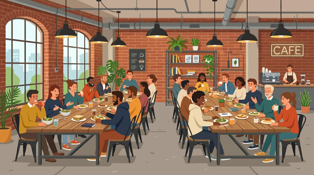This flat design illustration shows a diverse startup team enjoying a relaxed lunch in a stylish industrial-themed office cafe. It highlights team bonding and a positive work culture