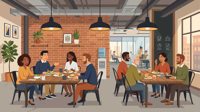 This flat design illustration shows a diverse startup team enjoying a relaxed lunch in a stylish industrial-themed office cafe. It highlights team bonding and a positive work culture