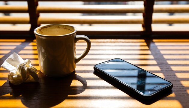 Resting ceramic mug catching striped sunlight on wooden table by blinds, with tissue and phone