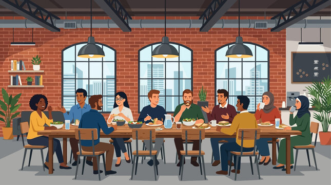 This flat design illustration shows a diverse startup team enjoying a relaxed lunch in a stylish industrial-themed office cafe. It highlights team bonding and a positive work culture