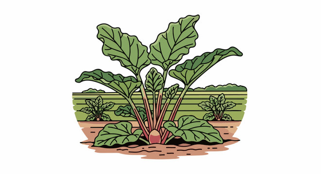 A stylized illustration of a beet plant growing in a field
