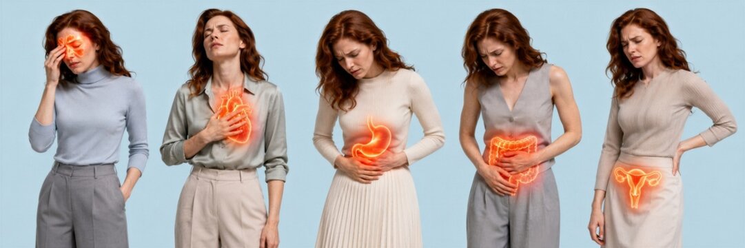 Woman experiencing various body pain and internal organ illness. Red glowing anatomy highlights on sinus, heart, stomach, intestine and reproductive system. Medical health problem diagnosis.