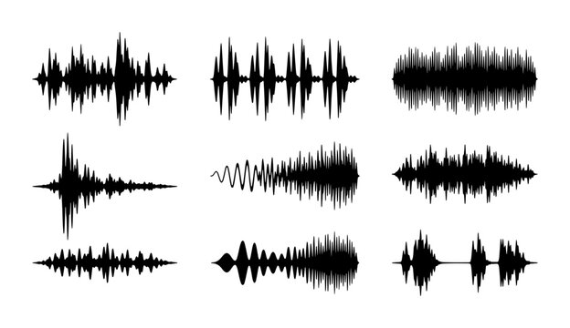 Collection of diverse black sound wave forms and audio waveforms Vector
