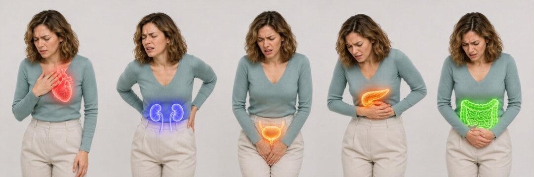 Woman suffering from different internal organ pain. Sick girl with illuminated heart, kidney, bladder, pancreas and intestine. Medical visualization of various body symptoms and disease.