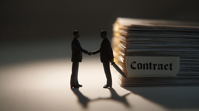 Shadowy Miniature Figures Shake Hands, One Conceals a Knife Behind Back as a Stack of Papers Labeled "Contract" Rests Nearby