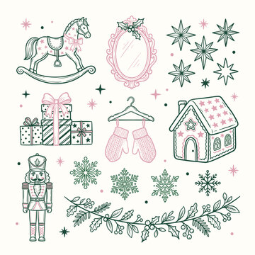 Vintage Christmas vector icons set, hand drawn holiday elements with nutcracker and rocking horse, pink and green winter illustrations