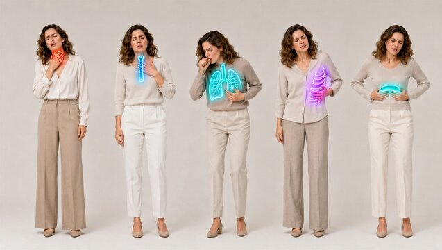 Woman demonstrating internal pain localization with anatomy holograms. Girl showing sore throat, chest discomfort, coughing, rib pain and stomach ache. Medical diagnostic infographic chart.