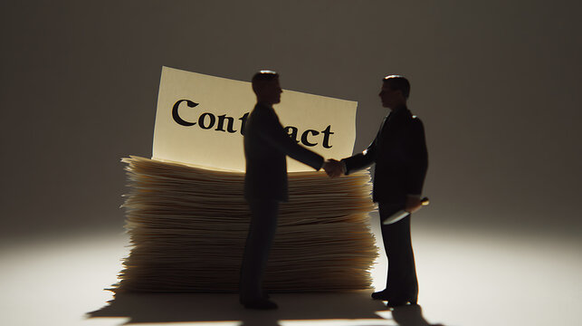 Business Deception: Miniature Figures Shake Hands Over a Contract, One Conceals a Knife, Illustrates Treachery and Betrayal in Agreements