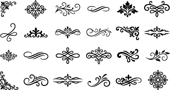 Set of black vintage flourish elements and decorative swirl corners for wedding invitations or elegant stationery design.