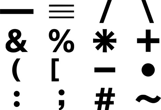 Set of black typography symbols and punctuation marks including mathematical operators isolated on white background