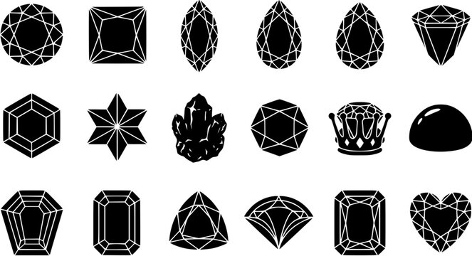 Set of black silhouette gemstone and crystal icons featuring various popular shapes and cuts for jewelry design