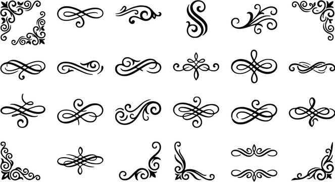 Set of black vintage flourishes and ornate corner calligraphic elements for elegant wedding invitation design
