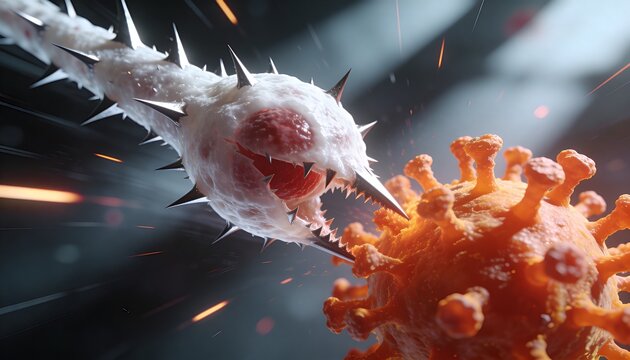 Lunging white spiky filament attacking orange viral sphere under microscope, with sparks