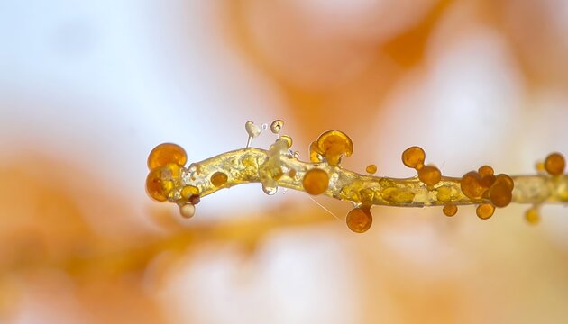 Microscopic view of small orange growths.