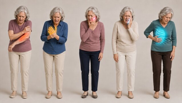 Senior woman indicating multiple body pain locations with glowing digital overlays. Concept of chronic illness evaluation and medical diagnostics for elderly patient healthcare study.