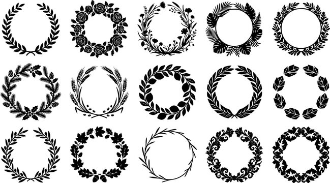 Set of floral wreaths and circular frames featuring leaves, flowers, wheat and branches in a black silhouette style