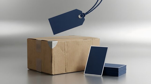 Cardboard shipping box with a blue tag, smartphone, and small box on a metallic surface, representing e-commerce and delivery.