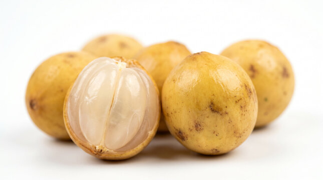 A group of ripe yellow langsat fruits, one cut open to reveal its juicy segments, isolated on a white background