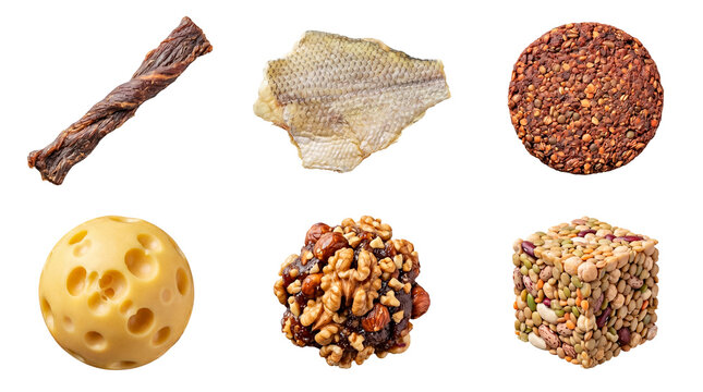 Diverse food items: beef jerky, dried fish skin, spiced lentil patty, Emmental cheese, nut cluster.