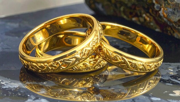 Three gold rings on reflective surface, intricate engraved Celtic geometric patterns, two intertwined, one beside, rough stone background, polished craftsmanship, symbolic jewelry design, decorative e