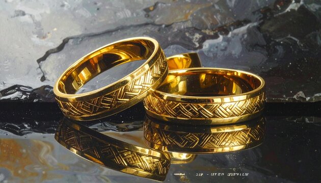 Three gold rings on reflective surface, intricate engraved Celtic geometric patterns, two intertwined, one beside, rough stone background, polished craftsmanship, symbolic jewelry design, decorative e