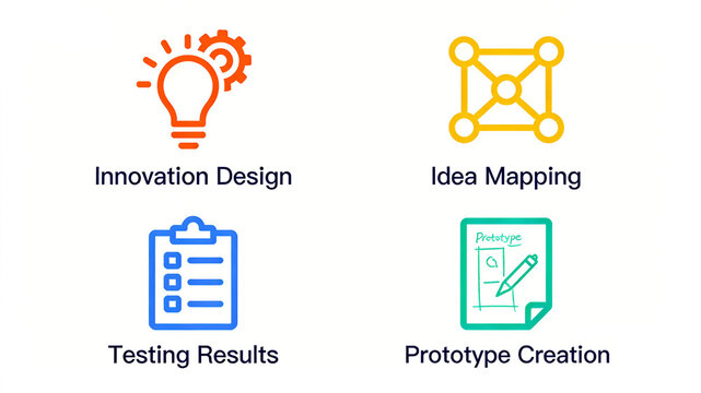 Light bulb gears, node diagrams, and prototype paper represent innovative design prototype development, suitable for design tools and product development platforms.
