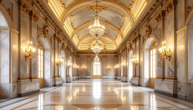 Opulent ballroom with high ceilings, arched windows, ornate gold chandeliers, intricate moldings, polished marble floor reflecting light, luxurious classical architecture emphasizing symmetry, grandeu