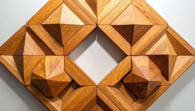 Symmetrical geometric wooden sculpture of polygonal faceted blocks, polished finish with visible grain, tessellated design, angular surfaces, interplay of light and shadow, craftsmanship, artistic com