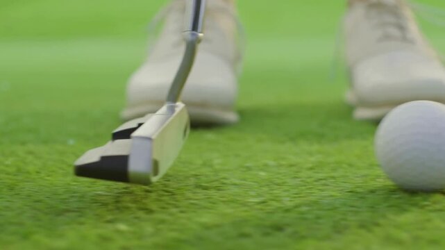4K Video macro close up tracking shot of a golfer using a putter club to hit a golf ball on a lush green course directly into the cup hole for a successful winning shot
