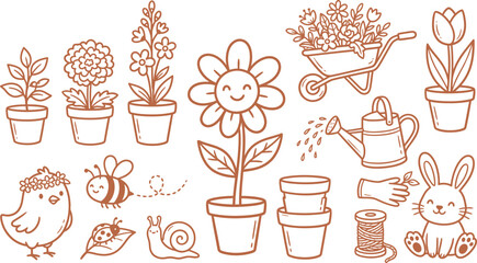 Silhouette illustration of gardening tools and cute plants © salmagd988