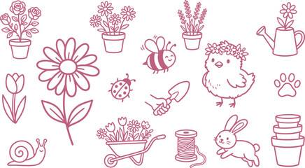 Silhouette of gardening icons including flowers, animals, and tools in pink on white © salmagd988