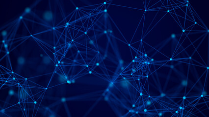 Abstract blue digital network background with glowing nodes and connecting lines, polygonal mesh and bokeh on dark gradient. Technology, internet communication, data transfer concept. © Alina