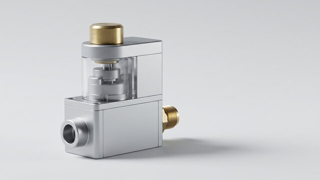Silver metal valve with transparent section and gold cap on light background with copy space