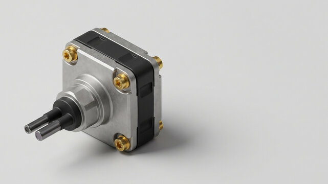Square metal and black component with gold screws and twin probes on light background with copy space