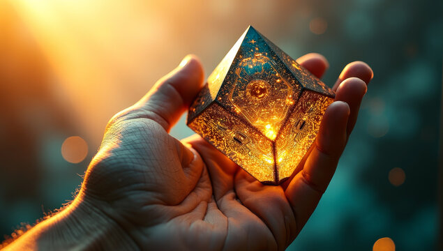 Human Hand Holding Glowing Amber Technology Cube with Circuit Patterns