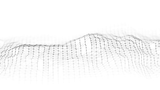 Futuristic abstract network landscape with wireframe mesh and glowing nodes, depth of field on white background, technology data visualization concept for science, innovation, and analytics.