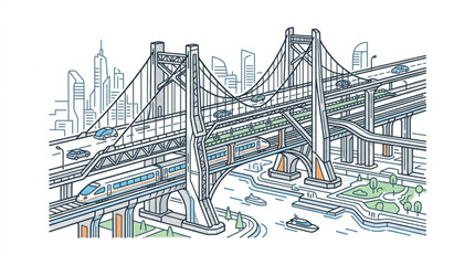 Modern suspension bridge with high speed train and city skyline. © Muhmd