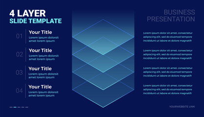 Fototapeta na wymiar 4 layer stack futuristic tech diagram template with space for your text - modern business technology slide infographic template for corporate presentations - dark blue background vector