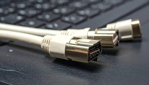 Three HDMI cables with gold connectors on black keyboard, symbolizing technology, connectivity, data transfer, and modern digital communication in sleek professional composition.