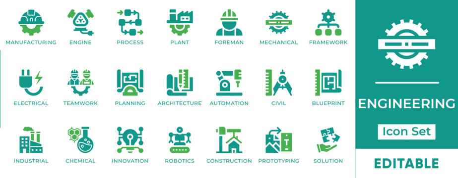 Engineering Industrial Manufacturing Construction Mechanical Electrical Robotics Blueprint Vector Icon Set