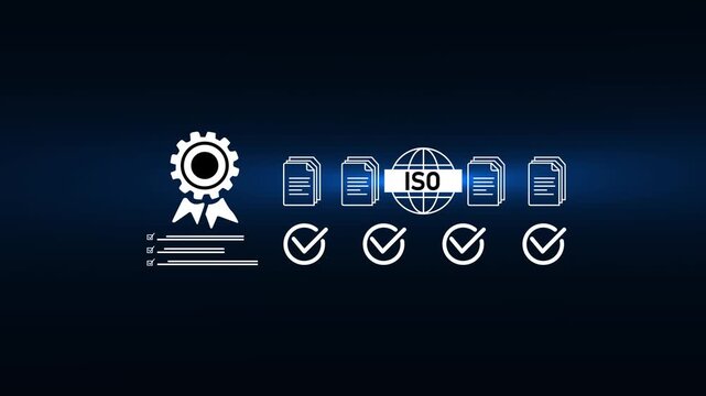 Businessman selecting quality assurance certification icon on virtual screen. Concept of ISO standards, compliance, quality control, and business process.4k animation video.
