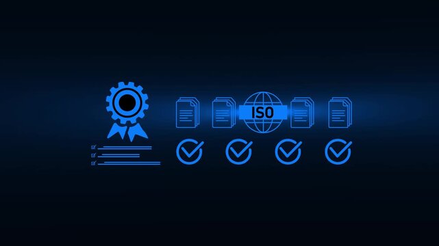 Businessman selecting quality assurance certification icon on virtual screen. Concept of ISO standards, compliance, quality control, and business process.4k animation video.