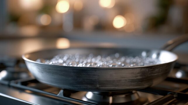 Frying pan on a gas stove. the pan is made of stainless steel and has a handle on one side. the water in the pan is bubbling and appears to be boiling.