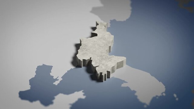 World map animation Birds eye view above North Korea, North Korean, Pyongyang, Asia, with highlighted country borders. Cinematic 3d world map animation highlights aerial views, 4k Video