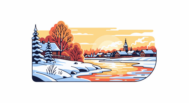 Stylized pixel art winter village scene with snow, river, and sunset