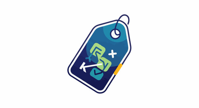 Stylized price tag with abstract checkmarks and arrows