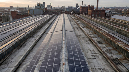 Fototapeta premium Expansive industrial rooftop covered with solar panels reflecting the sky, showcasing renewable energy in an urban