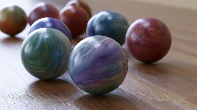 Group of nine bowling balls arranged in a row on a wooden surface. the balls are of different colors - green, blue, purple, red, and brown - and appear to be made of a shiny, shiny material.